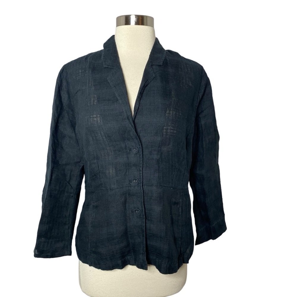 Eileen Fisher 100% Linen Black Button Front Blazer Jacket Size Small